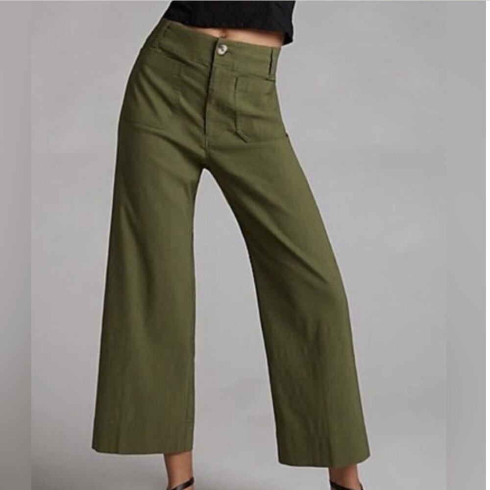 Anthropologie Maeve Collette Wide Leg Crop Pants Olive Green Linen Blend 31 Pet